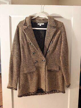 Chico’s Textured Knit Blazer Jacket Double Breasted Fringe Trim Women’s Size 1